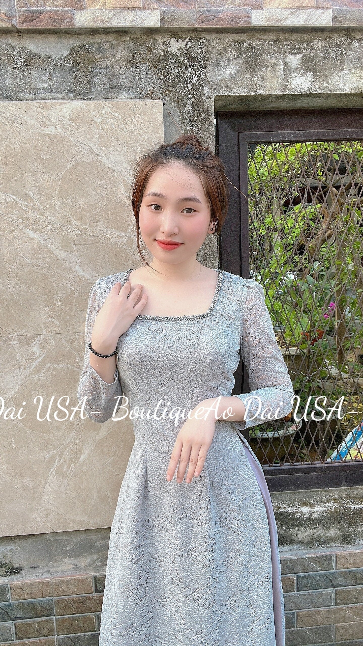 Top Only- Lace Ao Dai Gray Color Double Layers- B253