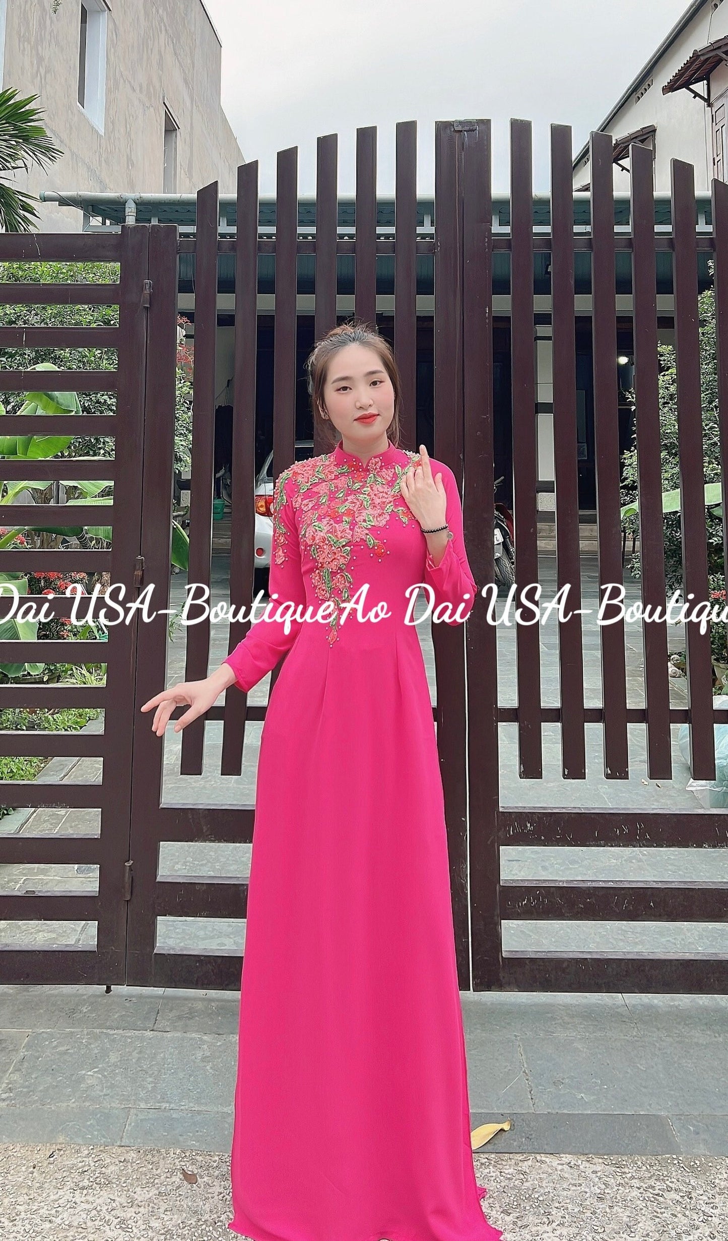 Set Ao Dai Chiffon Double Layer PINK color with crystals and pearls-Pants include- DS28