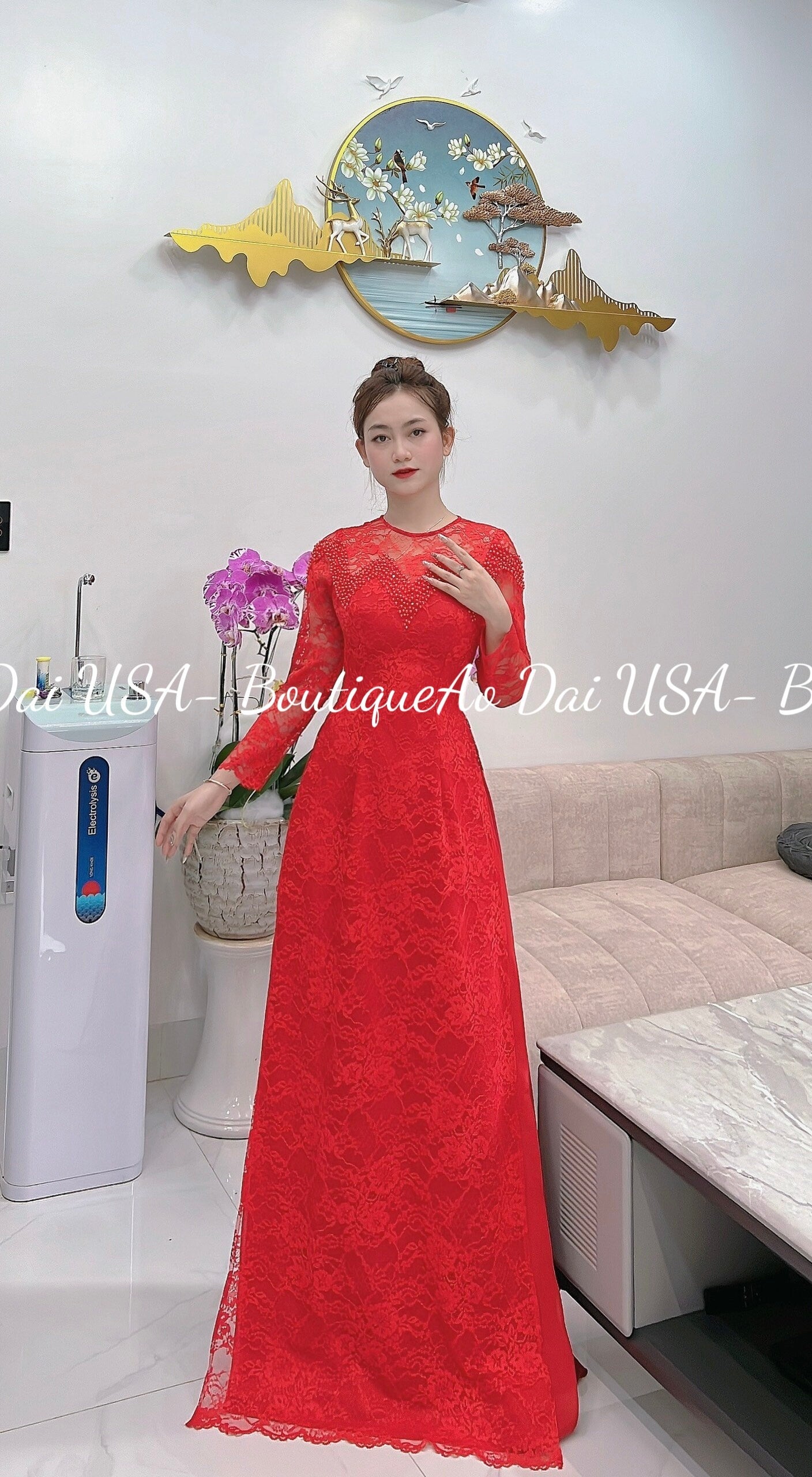 Top Only- Lace Ao Dai Red Color Double layers with pearls-B172