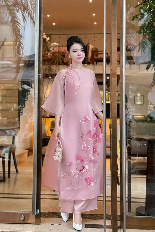 Set Ao Dai Cach Tan Pink Color - CT303