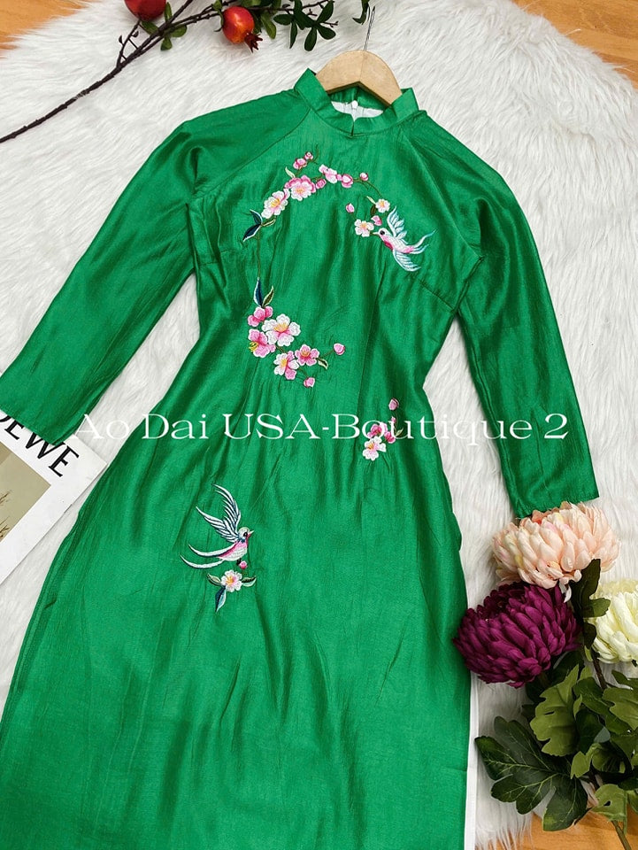 Set Ao Dai Cach Tan Flower Green Color - CT238