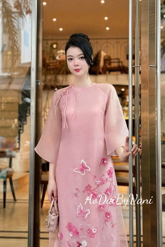Set Ao Dai Cach Tan Pink Color - CT303