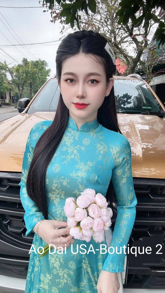 Ao Dai Lụa To Tam Van Nam Blue Color TT75- No pants