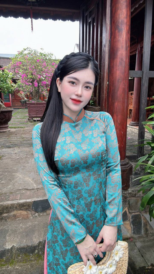 Ao Dai Tơ Tam Thai Tuan Luxury Blue and Dark Orange /CT296