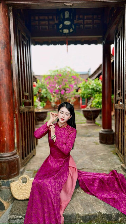 Ao Dai Tơ Tam Thai Tuan Luxury Purple Pink and Orange TK296