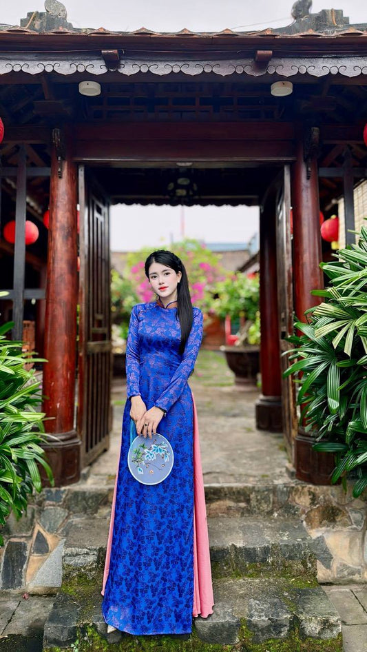 Ao Dai Gam Tơ Tam Thai Tuan Luxury Blue And Pink Color CT300