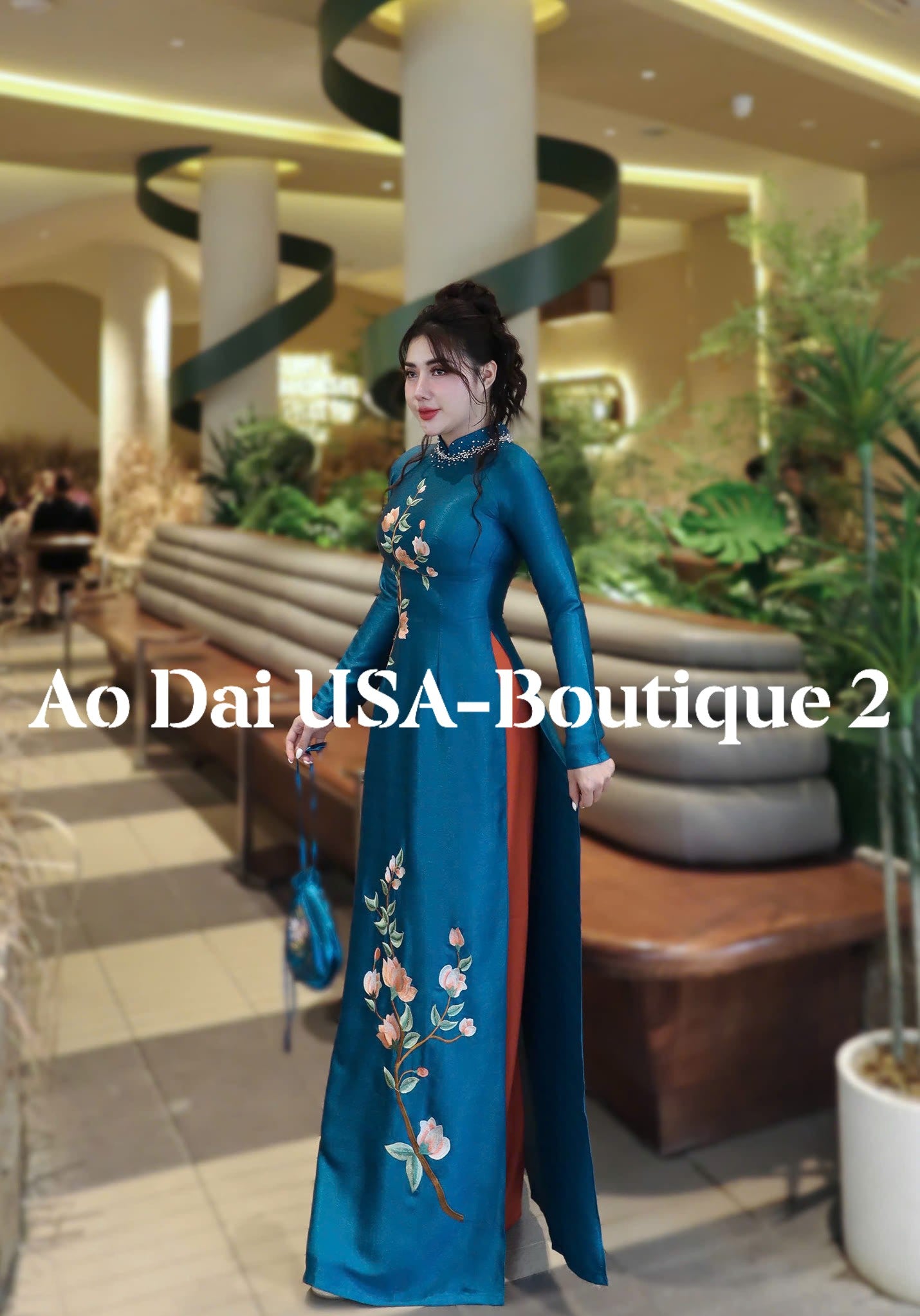 Thien Thanh Ao Dai Lua Van Go Blue color/pants included/50