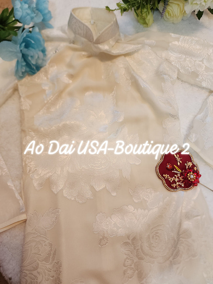 HOA LY Set Ao Dai Cach Tan White Cream Color/Cream Pants included/CT301