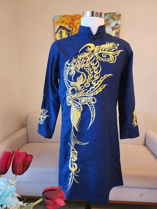 Ao dai for Men Navy Blue Color With Gold Design Embroiled/TT224