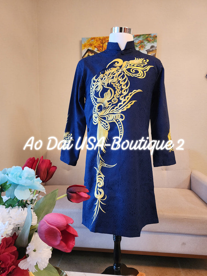 Ao dai for Men Navy Blue Color With Gold Design Embroiled/TT224