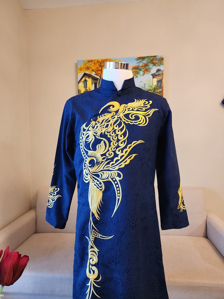 Ao dai for Men Navy Blue Color With Gold Design Embroiled/TT224