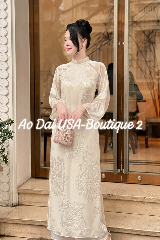 HOA LY Set Ao Dai Cach Tan White Cream Color/Cream Pants included/CT301