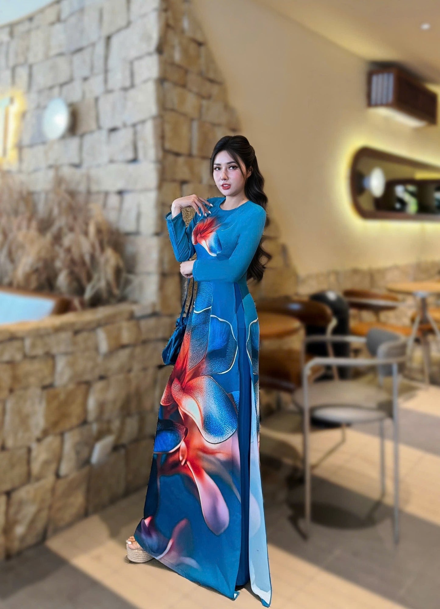 HOAI NGOC Set Ao Dai Design with 4D  Print flowers/pants include/G333