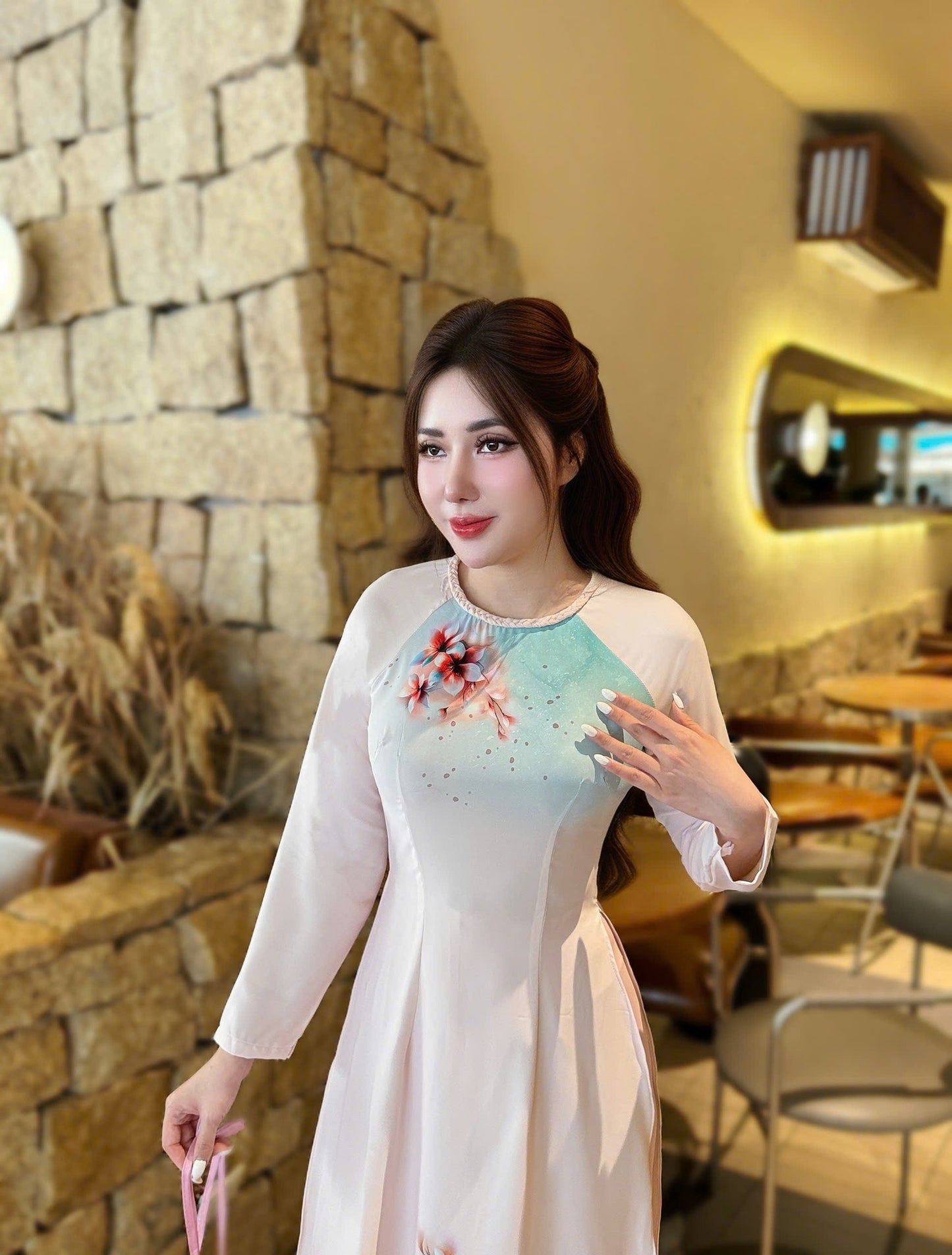 NGUYET VU Set Ao Dai Thai Tuan Light Begie color/pants included/G330