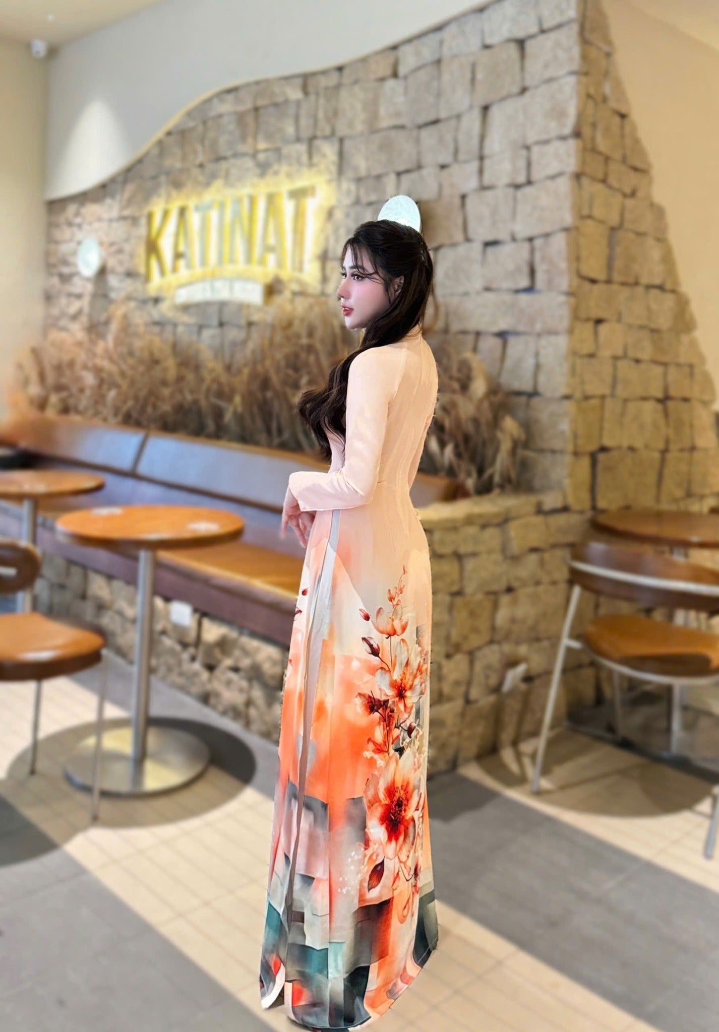 SUONG MAI Set Ao Dai Lua Thai Tuan Light Orange/pants included/G334