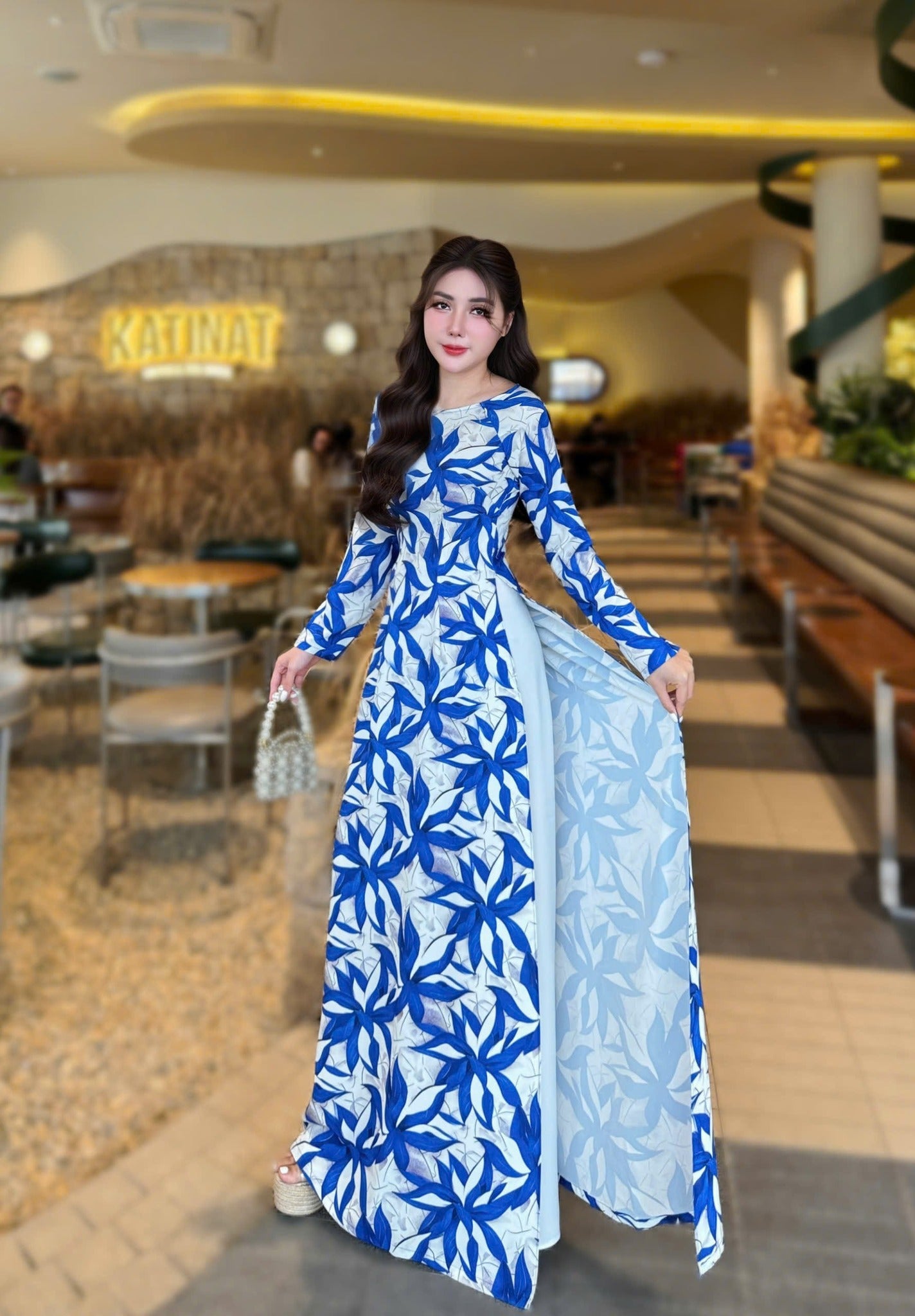 LAM VU Ao Dai Lua Thai Tuan Blue color /pants included/ G334