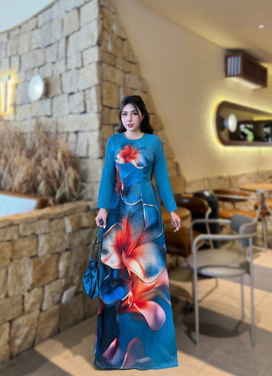 HOAI NGOC Set Ao Dai Design with 4D  Print flowers/pants include/G333