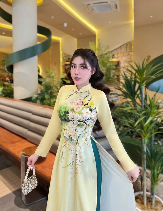 TU HUONG Set Ao Dai Thai Tuan Design with 4D flower/Blue Pants include/G335