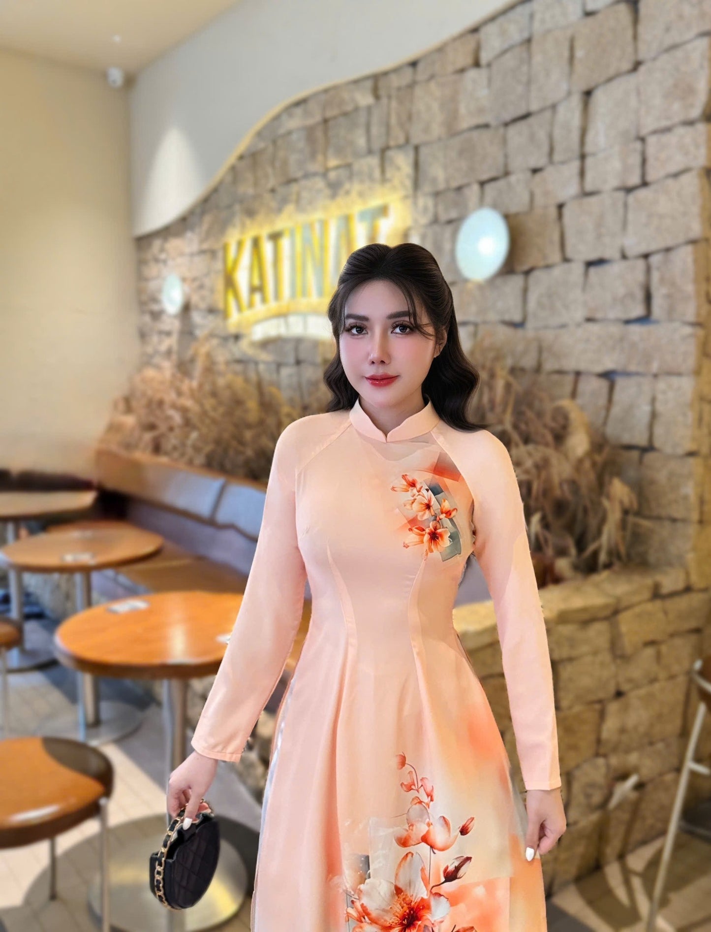 SUONG MAI Set Ao Dai Lua Thai Tuan Light Orange/pants included/G334