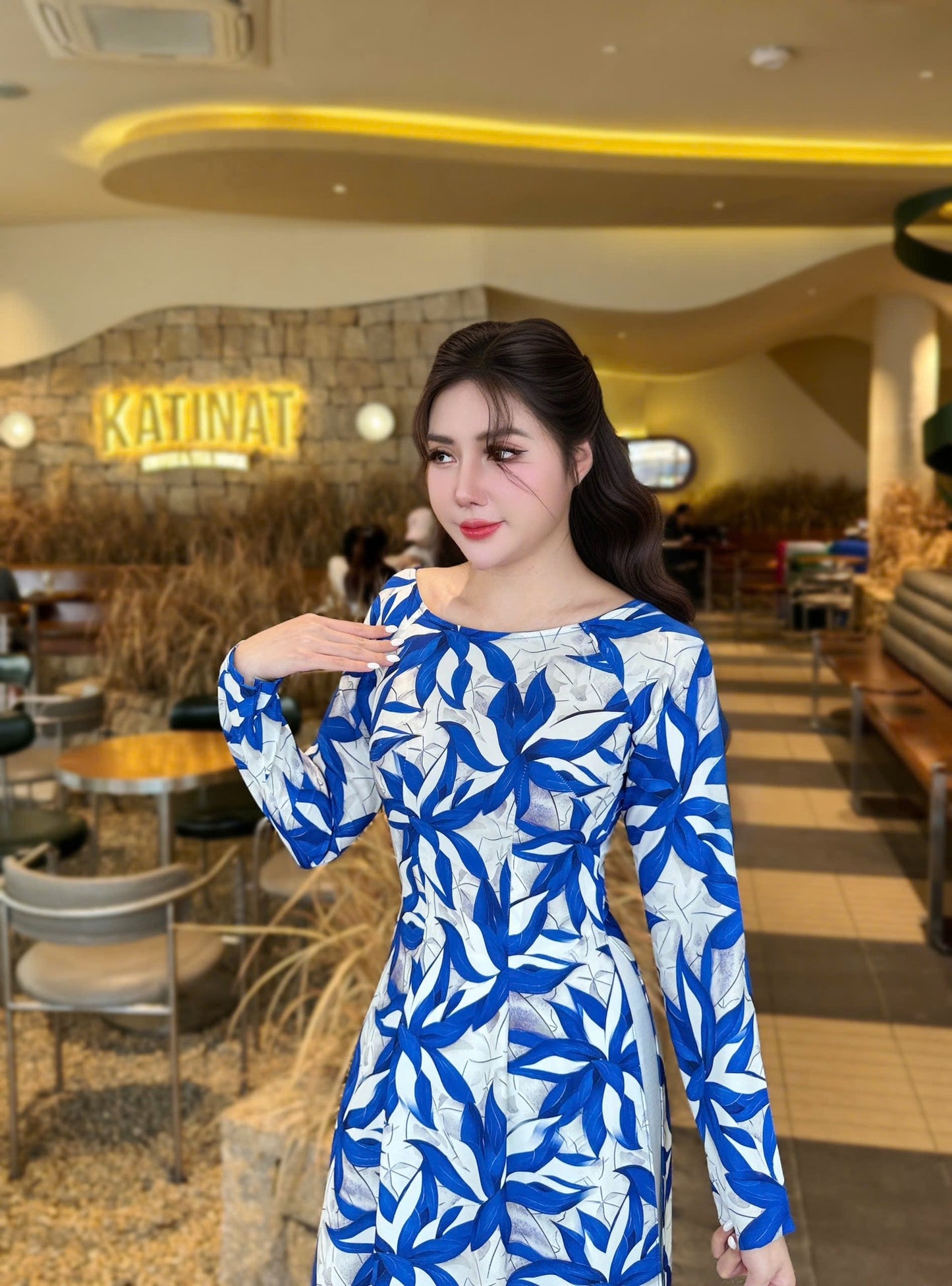 LAM VU Ao Dai Lua Thai Tuan Blue color /pants included/ G334