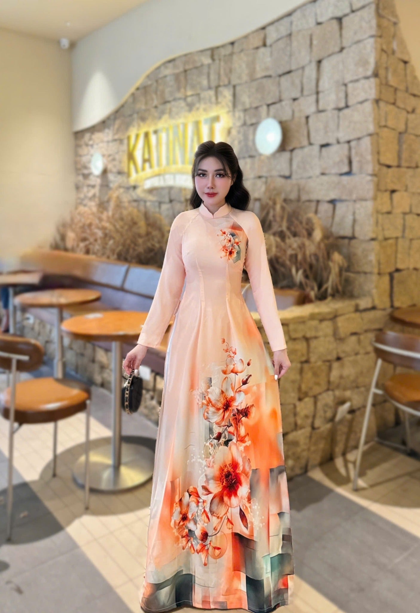SUONG MAI Set Ao Dai Lua Thai Tuan Light Orange/pants included/G334