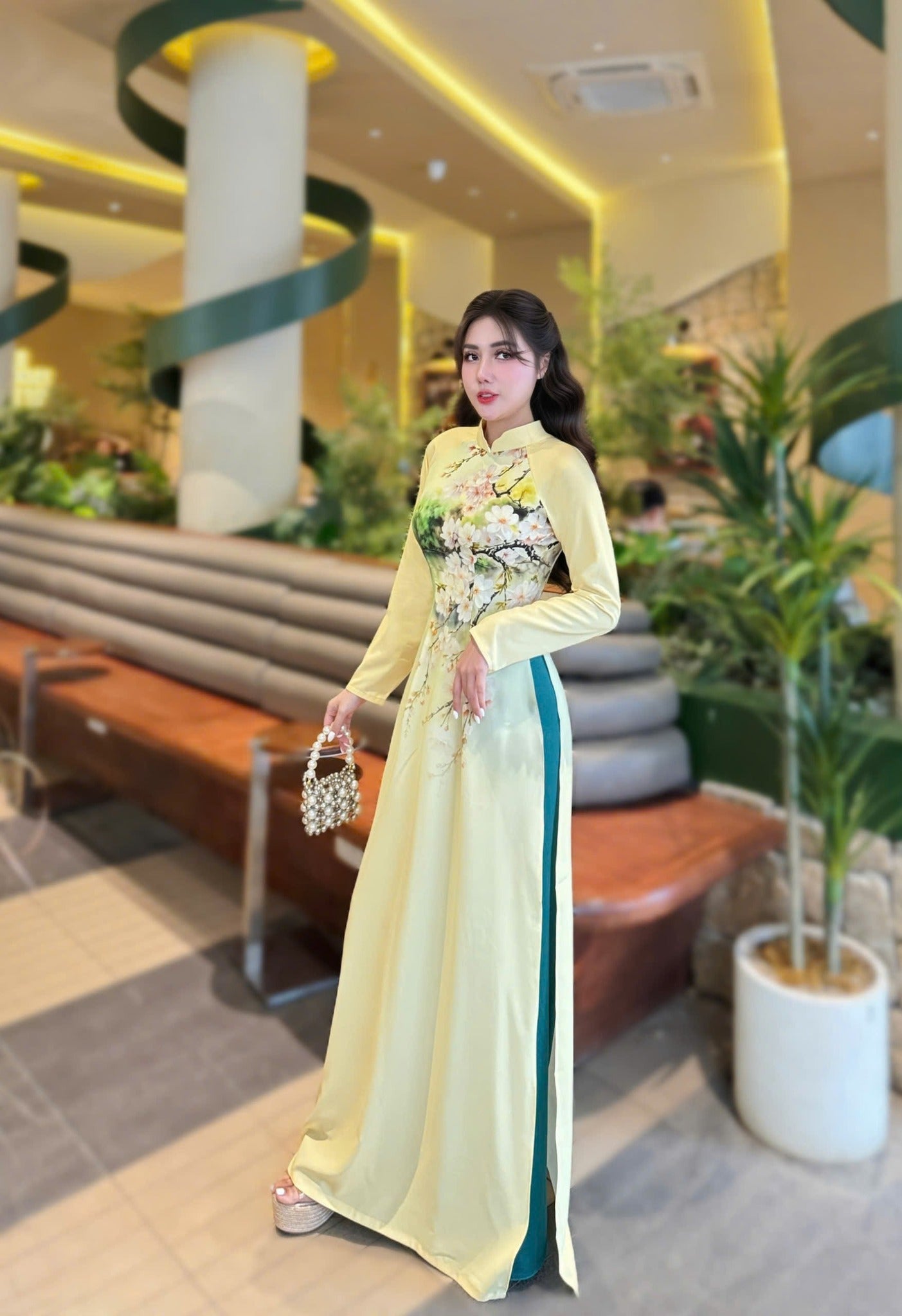 TU HUONG Set Ao Dai Thai Tuan Design with 4D flower/Blue Pants include/G335