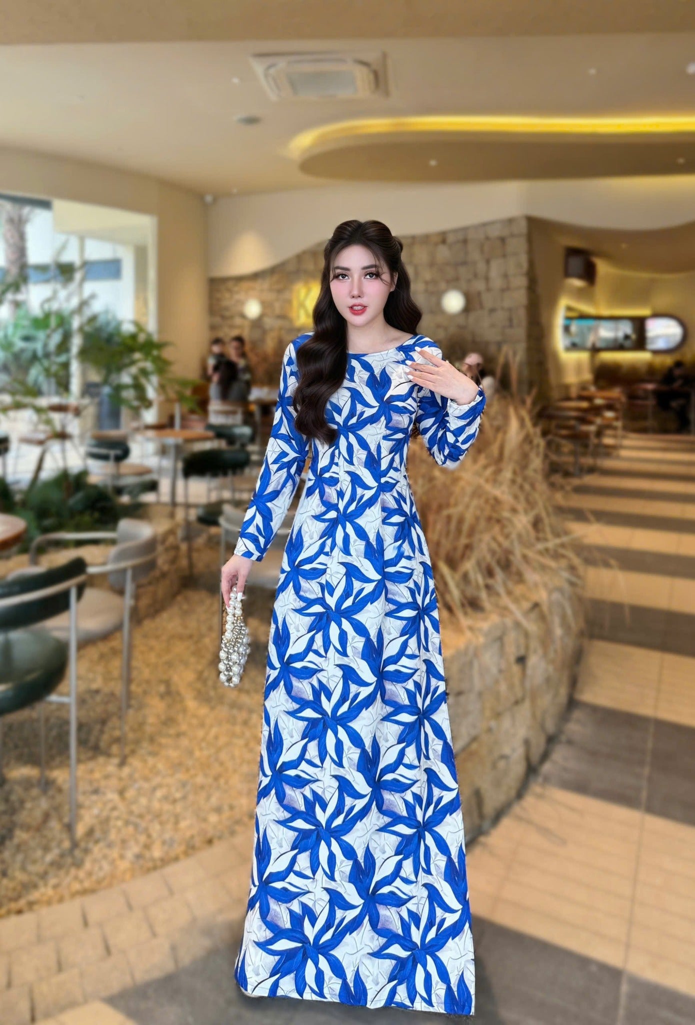 LAM VU Ao Dai Lua Thai Tuan Blue color /pants included/ G334