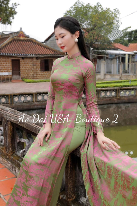 NHAT HA Set Ao Dai Gam Tơ Tam Thai Tuan/Green Pants included/TT77