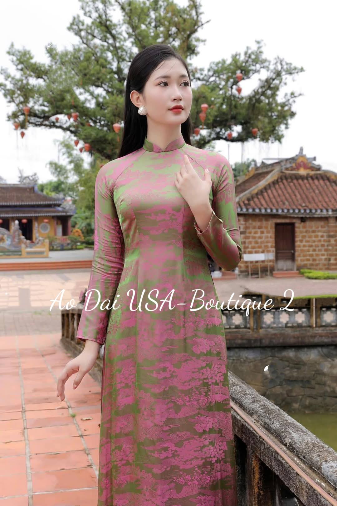 NHAT HA Set Ao Dai Gam Tơ Tam Thai Tuan/Green Pants included/TT77