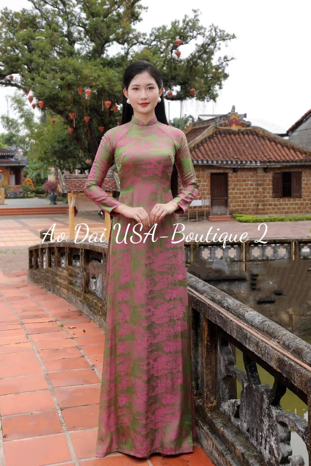NHAT HA Set Ao Dai Gam Tơ Tam Thai Tuan/Green Pants included/TT77