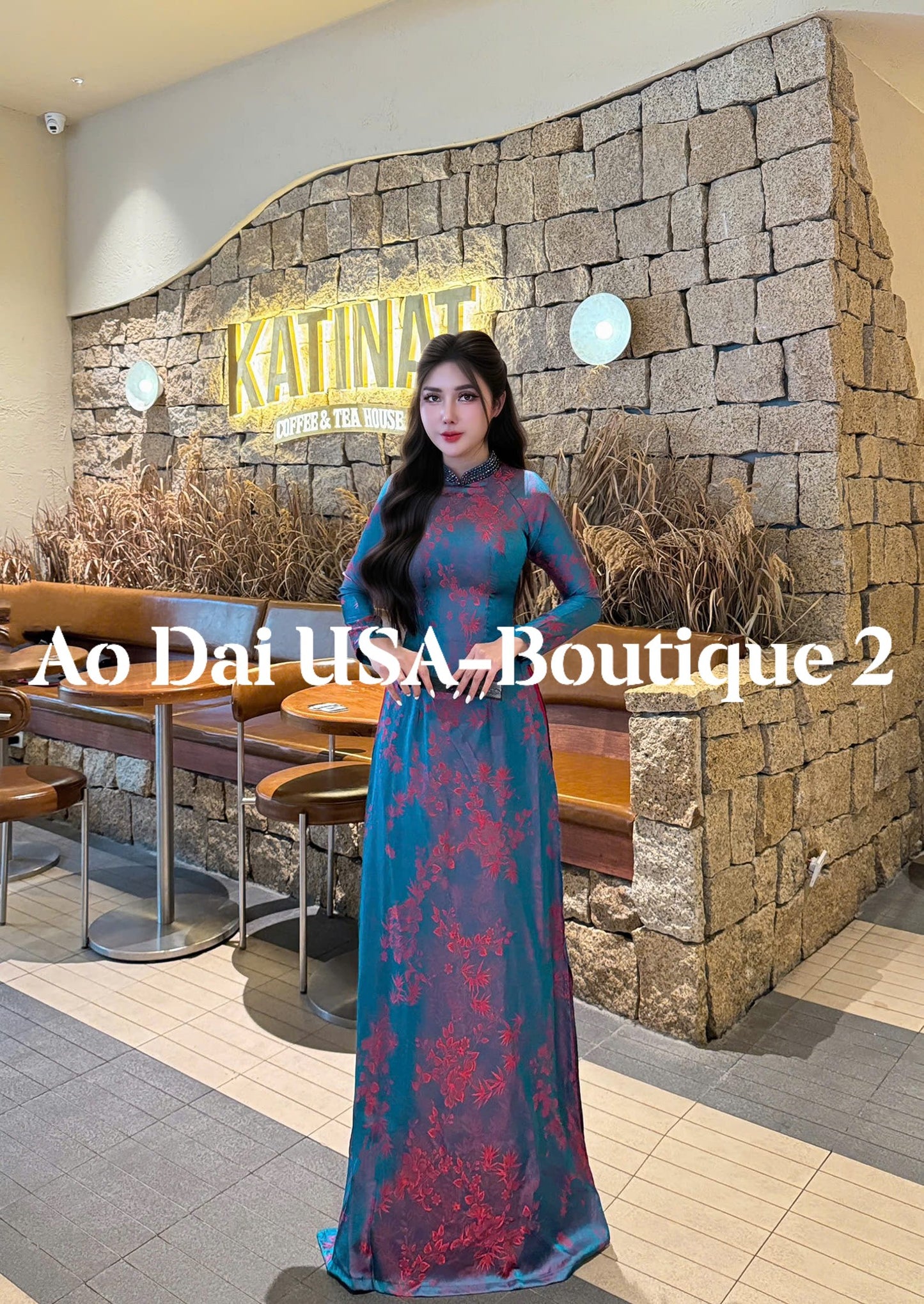 NGUYET HY Ao Dai Tơ Tam Luxury Material Blue And Red/ Pants included/TT13