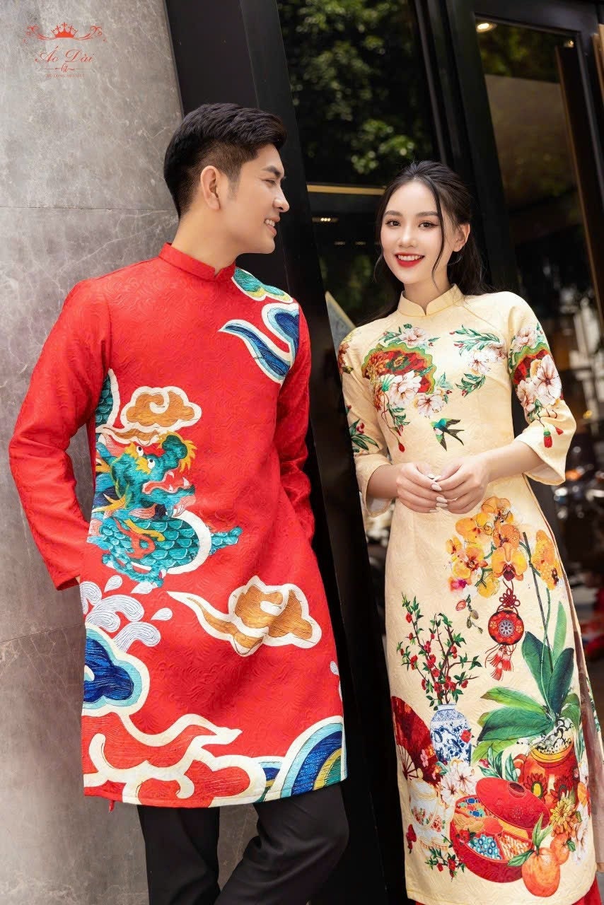 Set Ao Dai Gia đình Matching Gấm nổi In Ao Dai Set