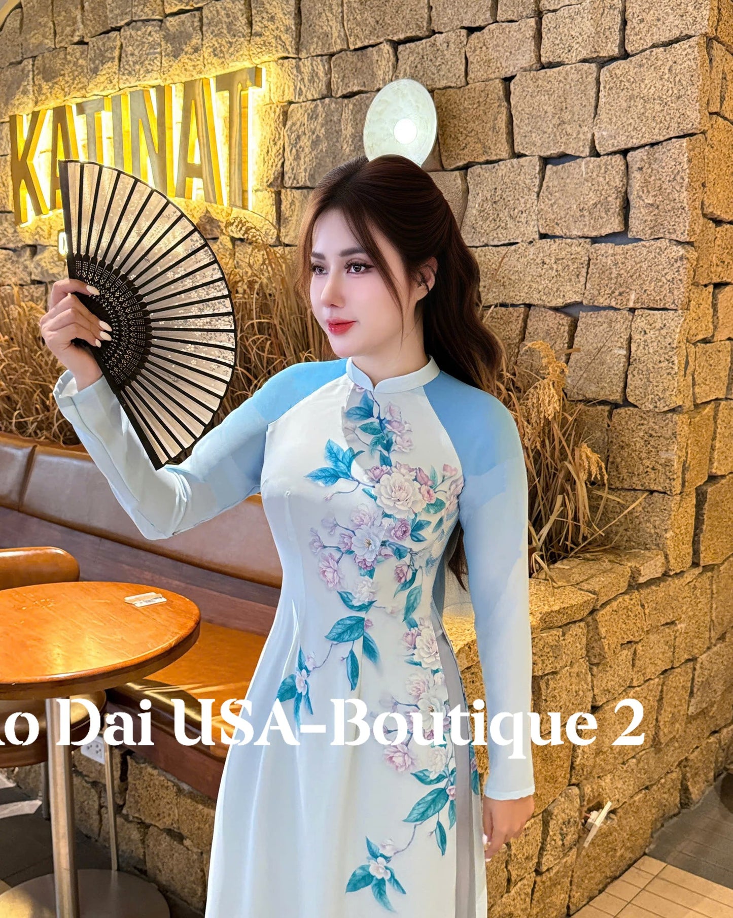 MOC CHAU Set Ao Dai Lua Thai Tuan Light Blue color//pants included/G335