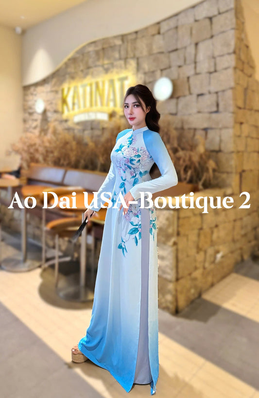 MOC CHAU Set Ao Dai Lua Thai Tuan Light Blue color//pants included/G335
