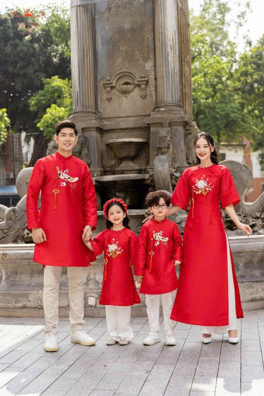 Set Family Red Ribbon Ao Dai Set (No Headband) | Pants included B125