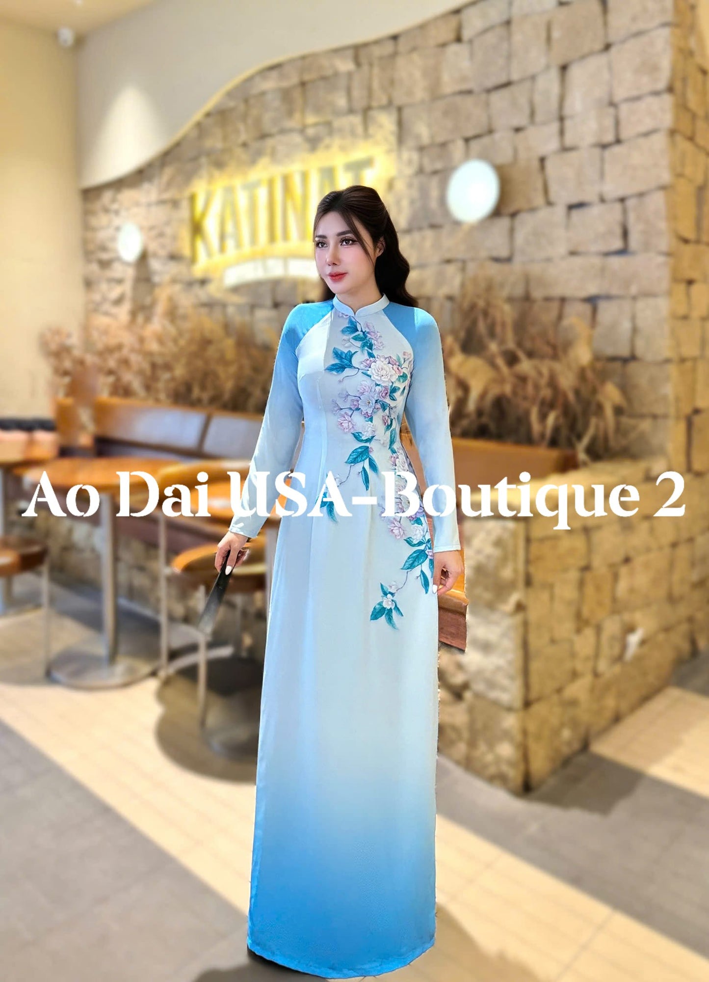 MOC CHAU Set Ao Dai Lua Thai Tuan Light Blue color//pants included/G335