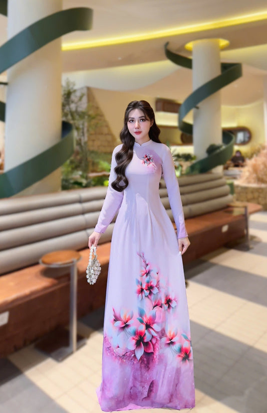 VAN CHI Set Ao Dai Design with 4D  Print flowers/pants include/G330