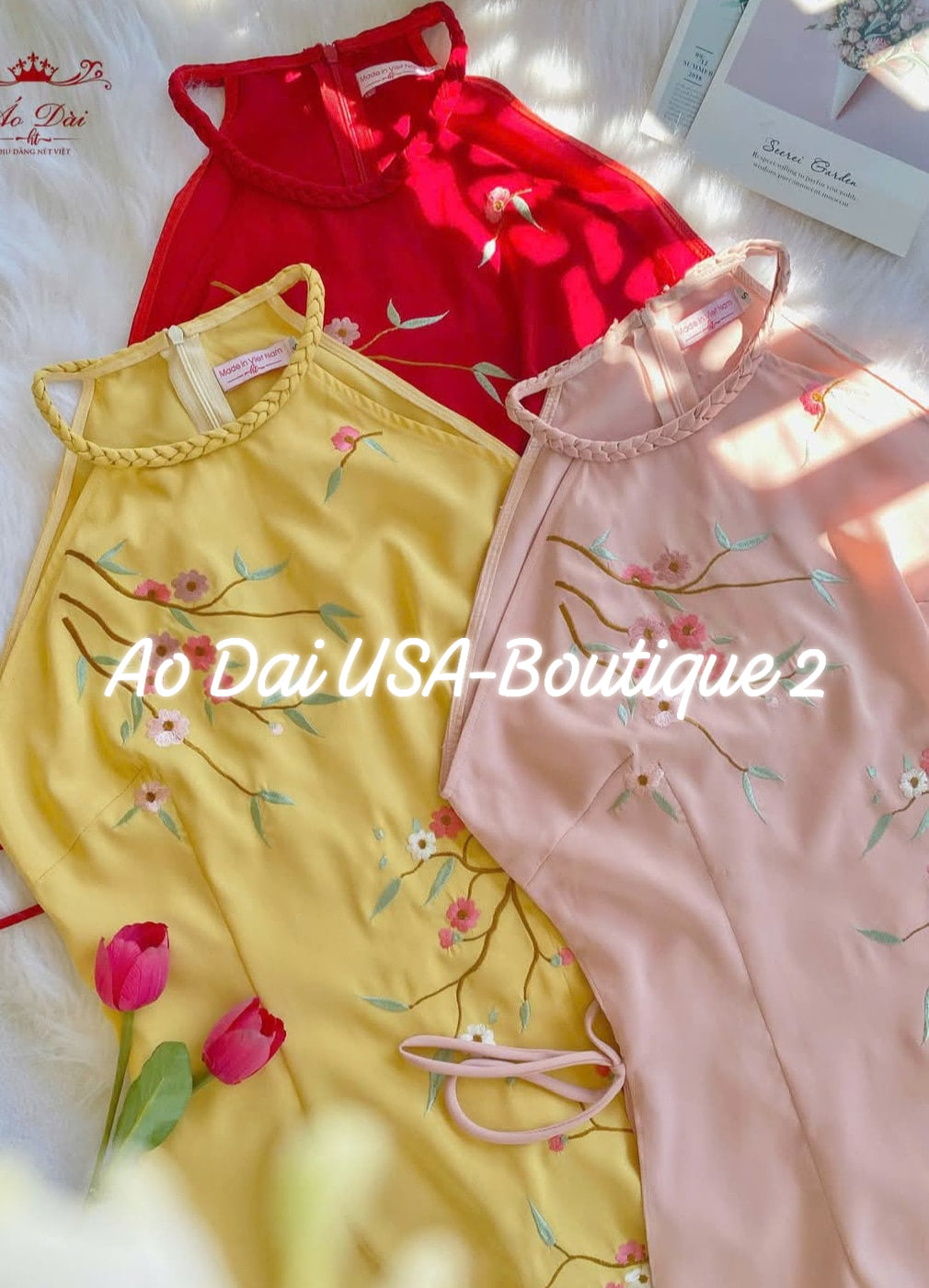 Modern Sleeveless ao dai with embroidery flowers (YELLOW)/Ao dai yếm Women/B253/254