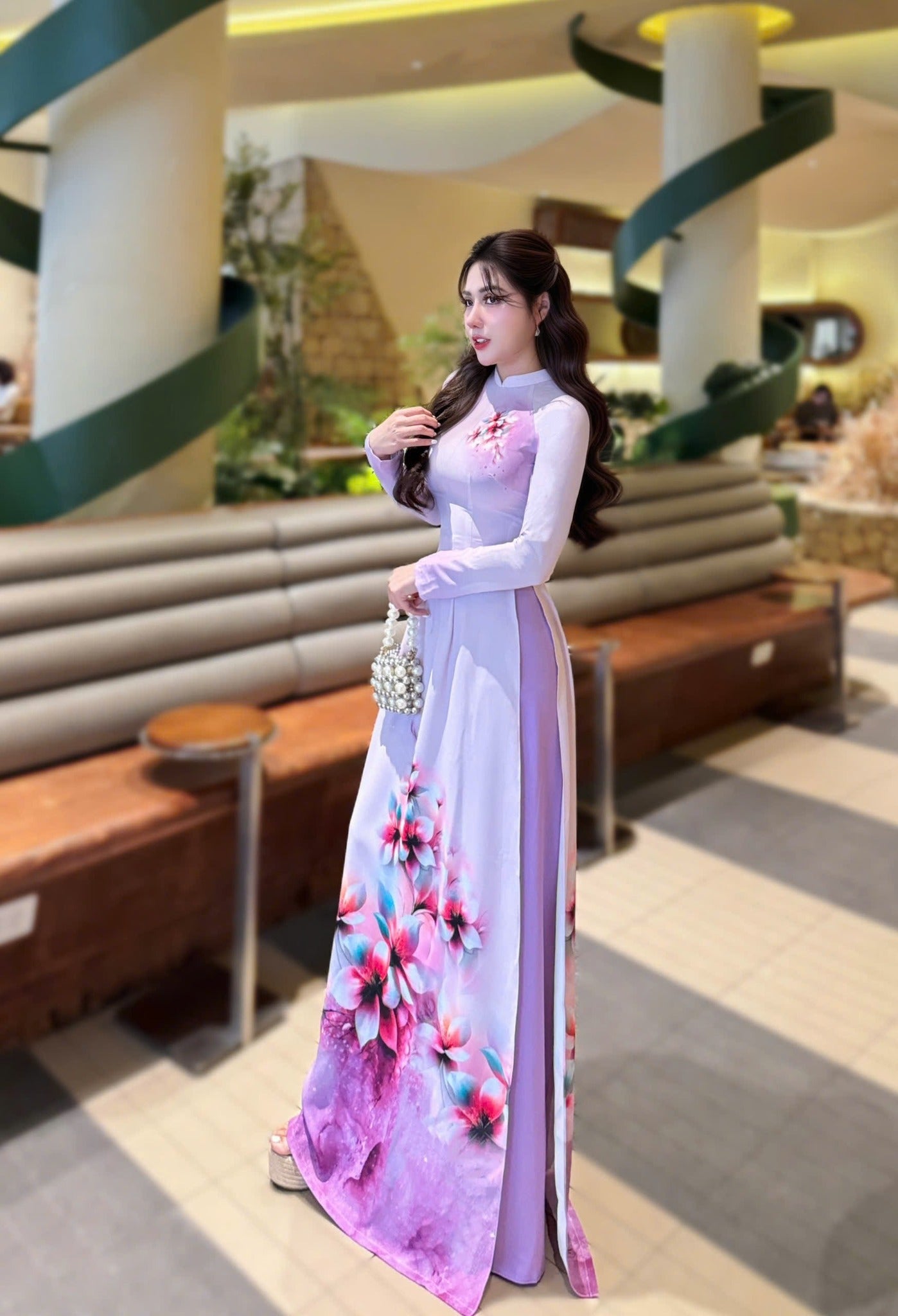 VAN CHI Set Ao Dai Design with 4D  Print flowers/pants include/G330