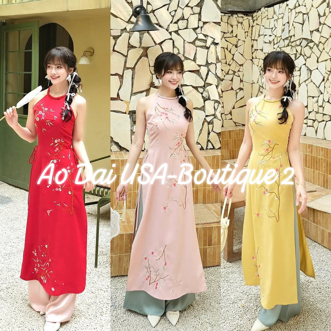 Modern Sleeveless ao dai with embroidery flowers (PINK)/Ao dai yếm Women/B253/254