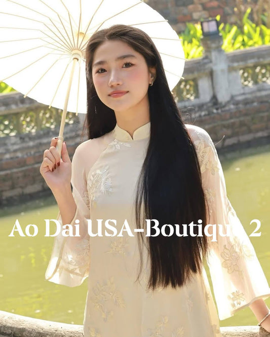 HA TRANG Set Ao Dai Cach Tan Cream Color/Cream  Pants included/CT297