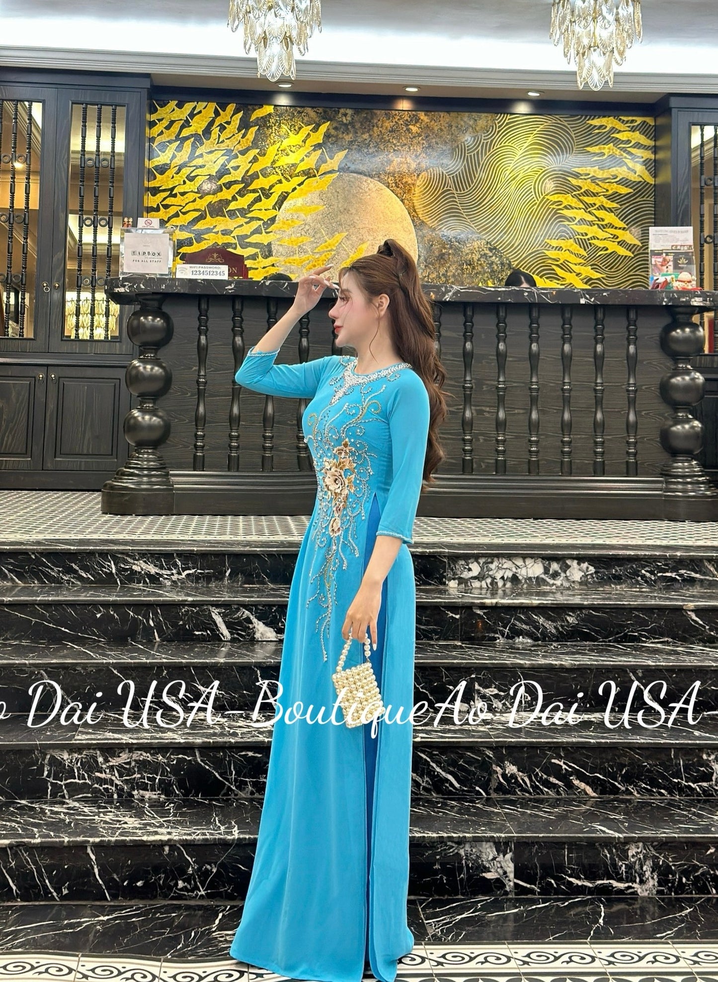 Set Ao Dai Chiffon Double Layers Design with Crysta/lPants included/ TK48