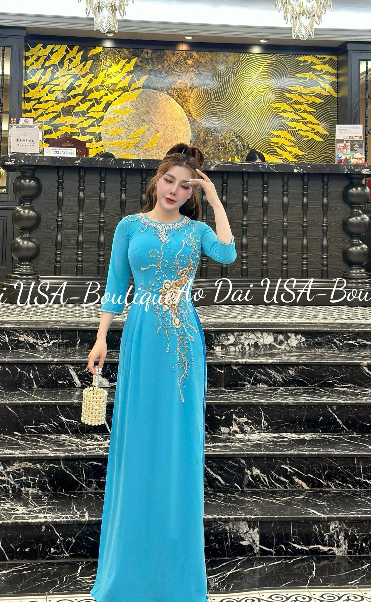 Set Ao Dai Chiffon Double Layers Design with Crysta/lPants included/ TK48