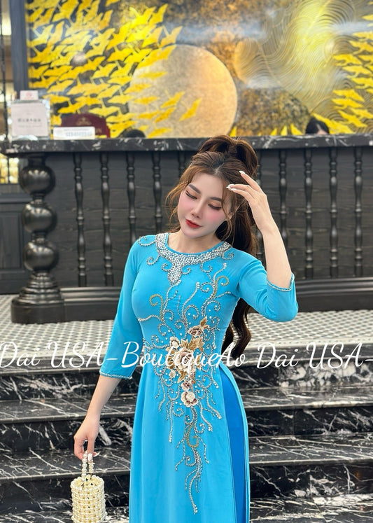 Set Ao Dai Chiffon Double Layers Design with Crysta/lPants included/ TK48