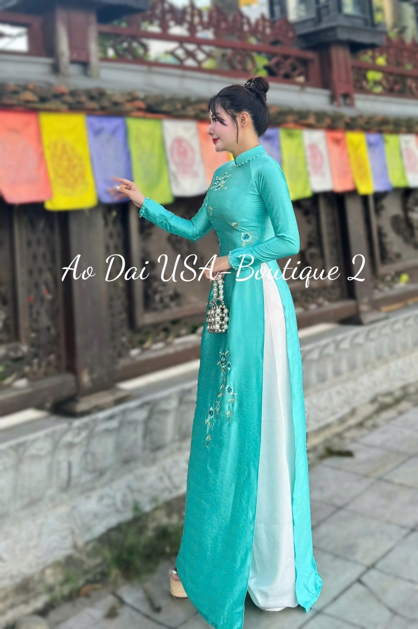 TU CAU Set Ao Dai Lua Van Go Light Blue/ pants included/ B29