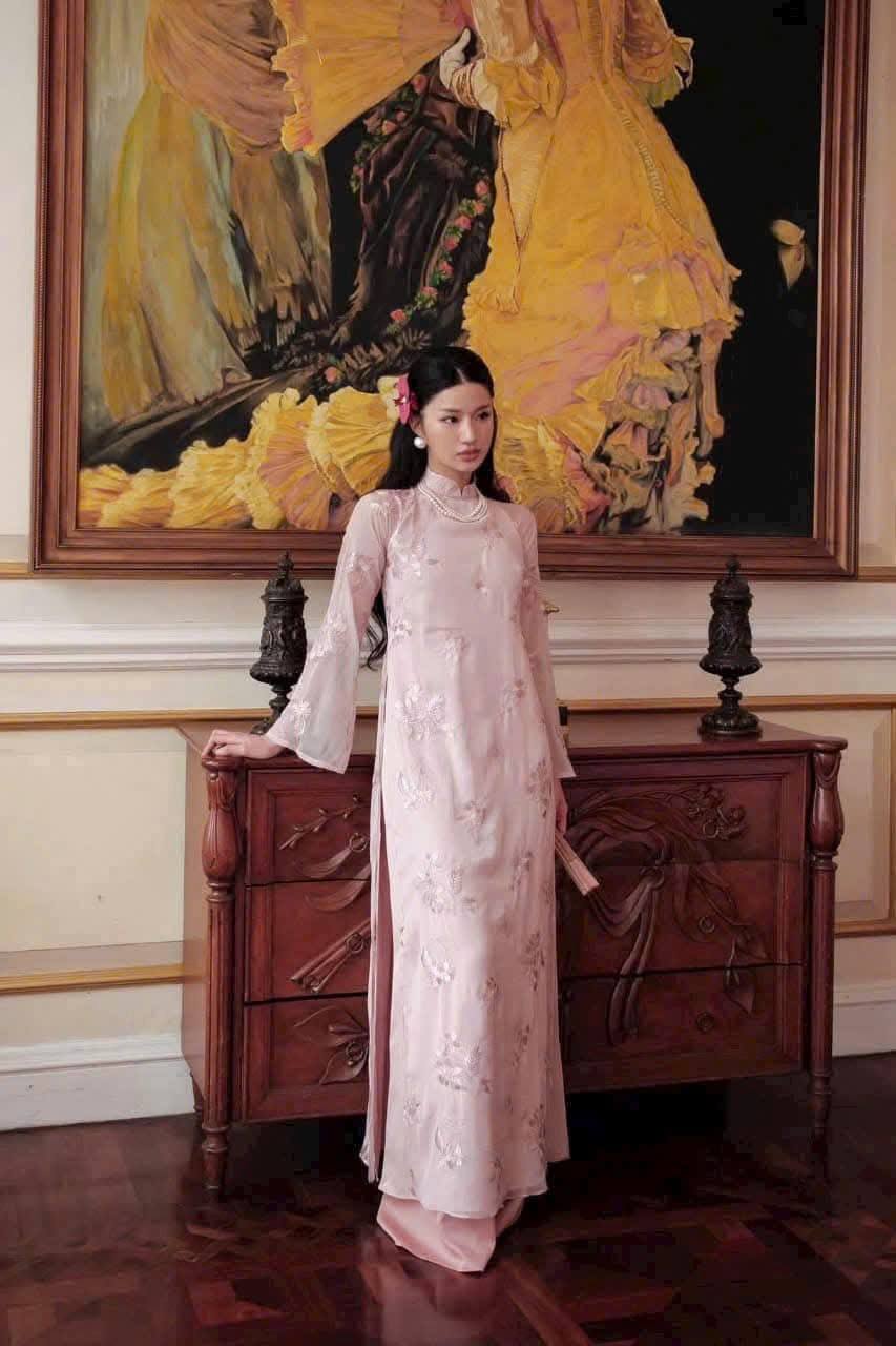 Light Pink Ao Dai Cach Tan Set: Modern Vietnamese Dress with Pants/ CT238