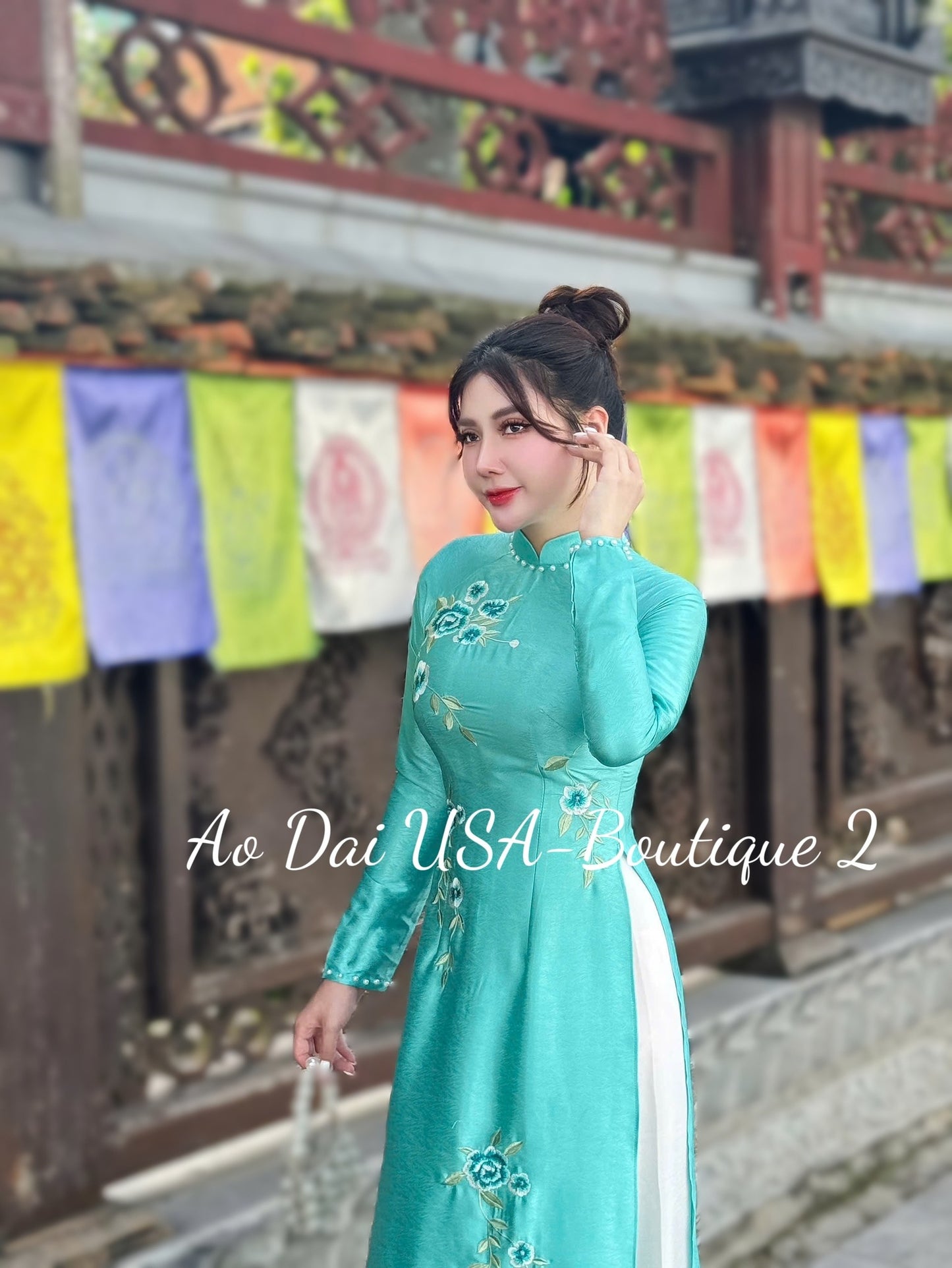 TU CAU Set Ao Dai Lua Van Go Light Blue/ pants included/ B29