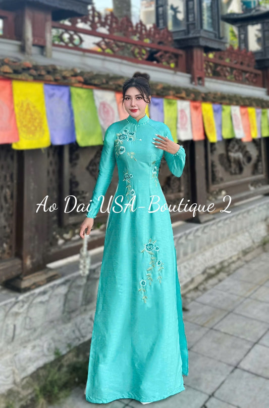 TU CAU Set Ao Dai Lua Van Go Light Blue/ pants included/ B29