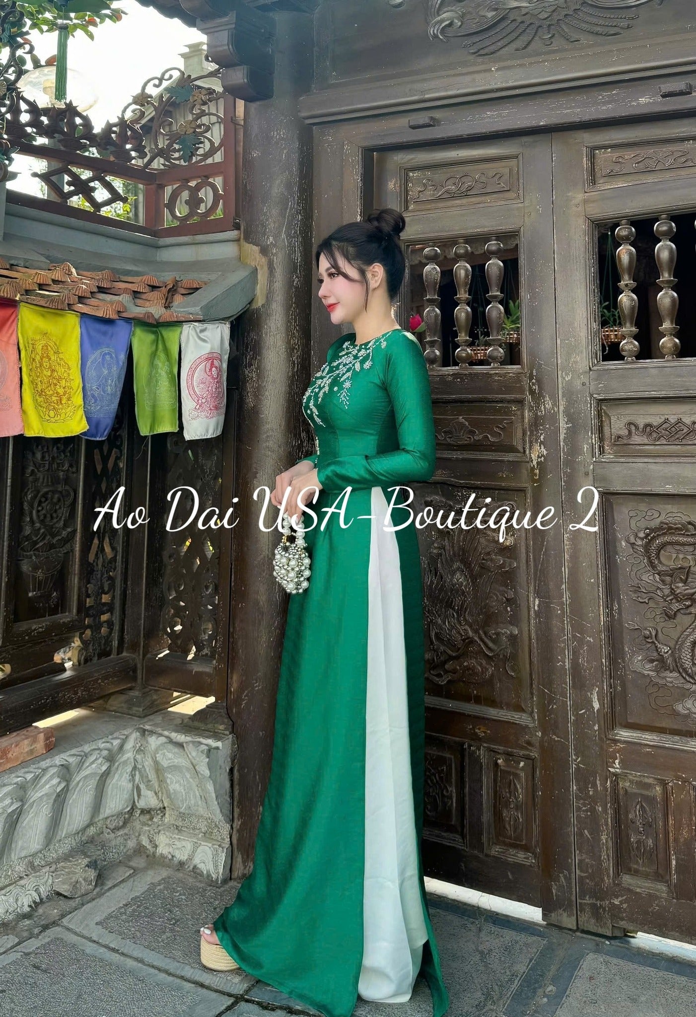 NGOC BICH Set Ao Dai Lua Van Go Embroidered Flowers/pants included/ B13