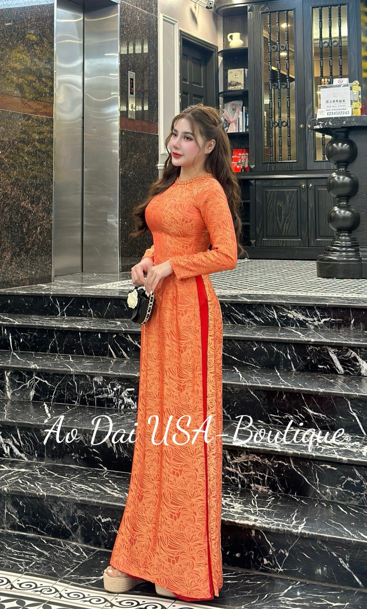 Ao Dai To Tam Thai Tuan/Orange color with light red/Red pants included/TT70